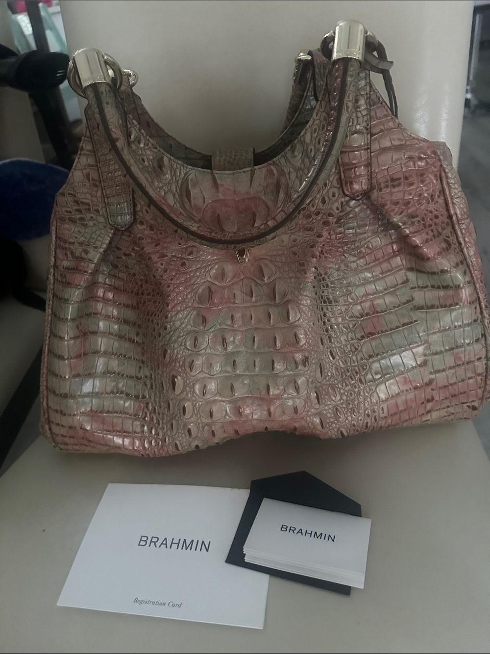 Brahmin Elisa-Sahara Melbourne; Rose Croc-Embossed Leather Shoulder Bag